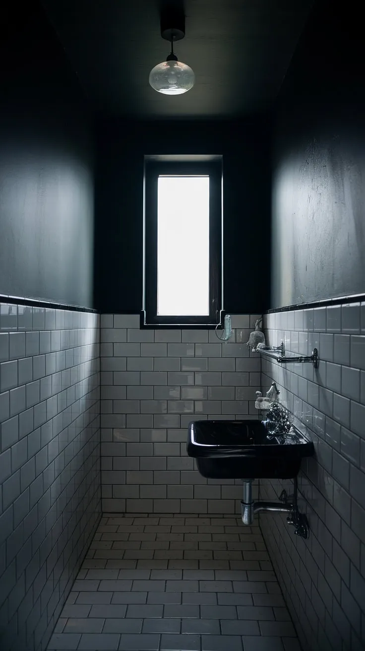 The dark powder room showcases a moody half bath aesthetic with its black sink and white tiles, perfect for inspiring bathroom remodel ideas.