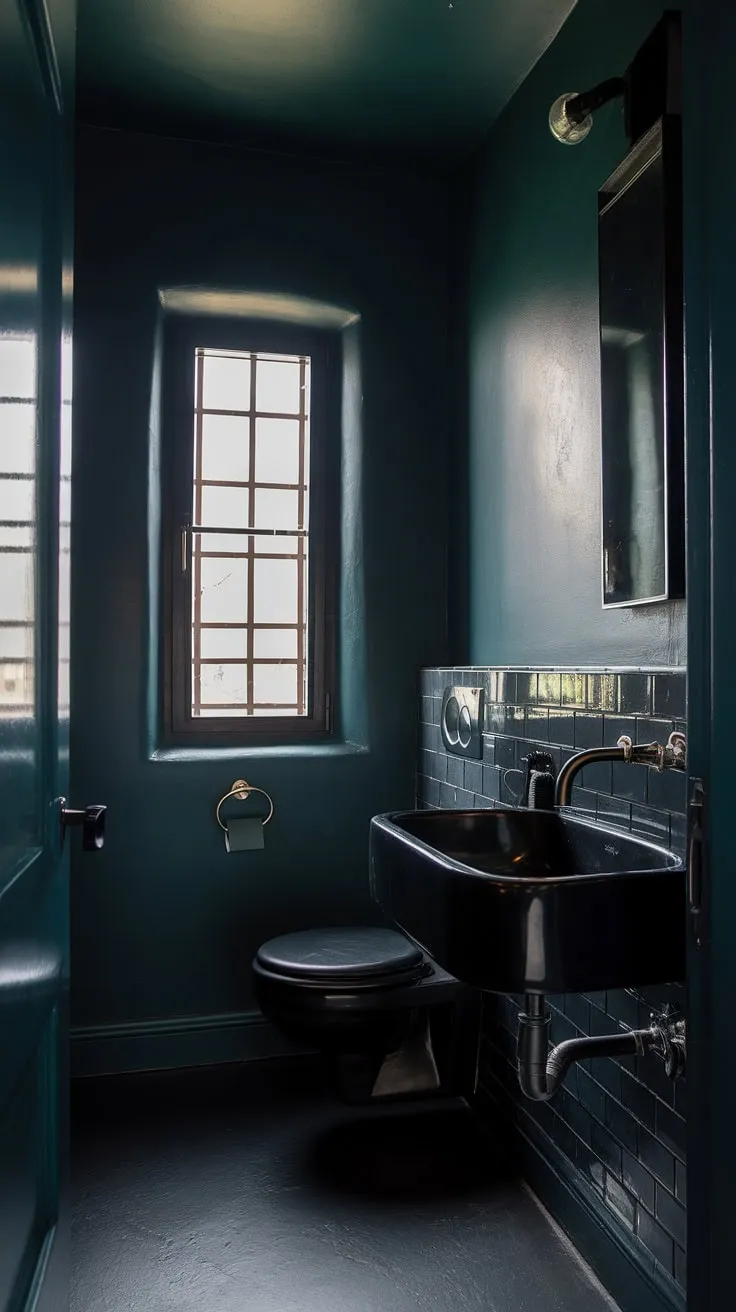 This moody bathroom features dark walls, a black sink, and soft lighting, creating an inviting atmosphere perfect for a stylish bathroom remodel.