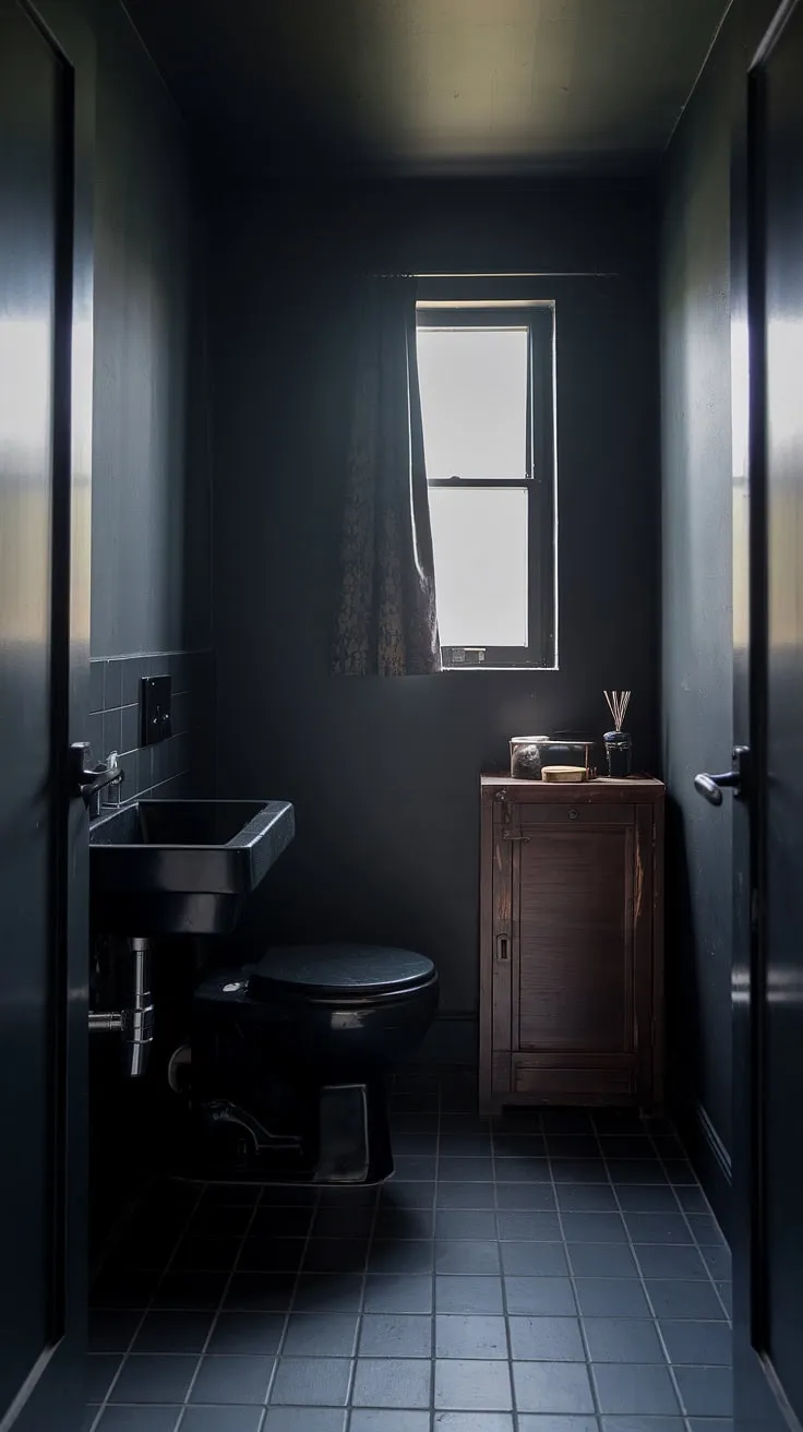 This moody bathroom features a dark powder room aesthetic with a black sink and toilet, complemented by dark grey walls and dim lighting, perfect for a stylish bathroom remodel.