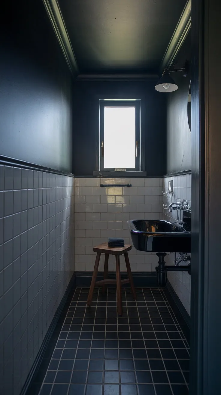 The dark powder room showcases a black sink and moody decor, making it an ideal inspiration for a chic master bath or moody half bath.