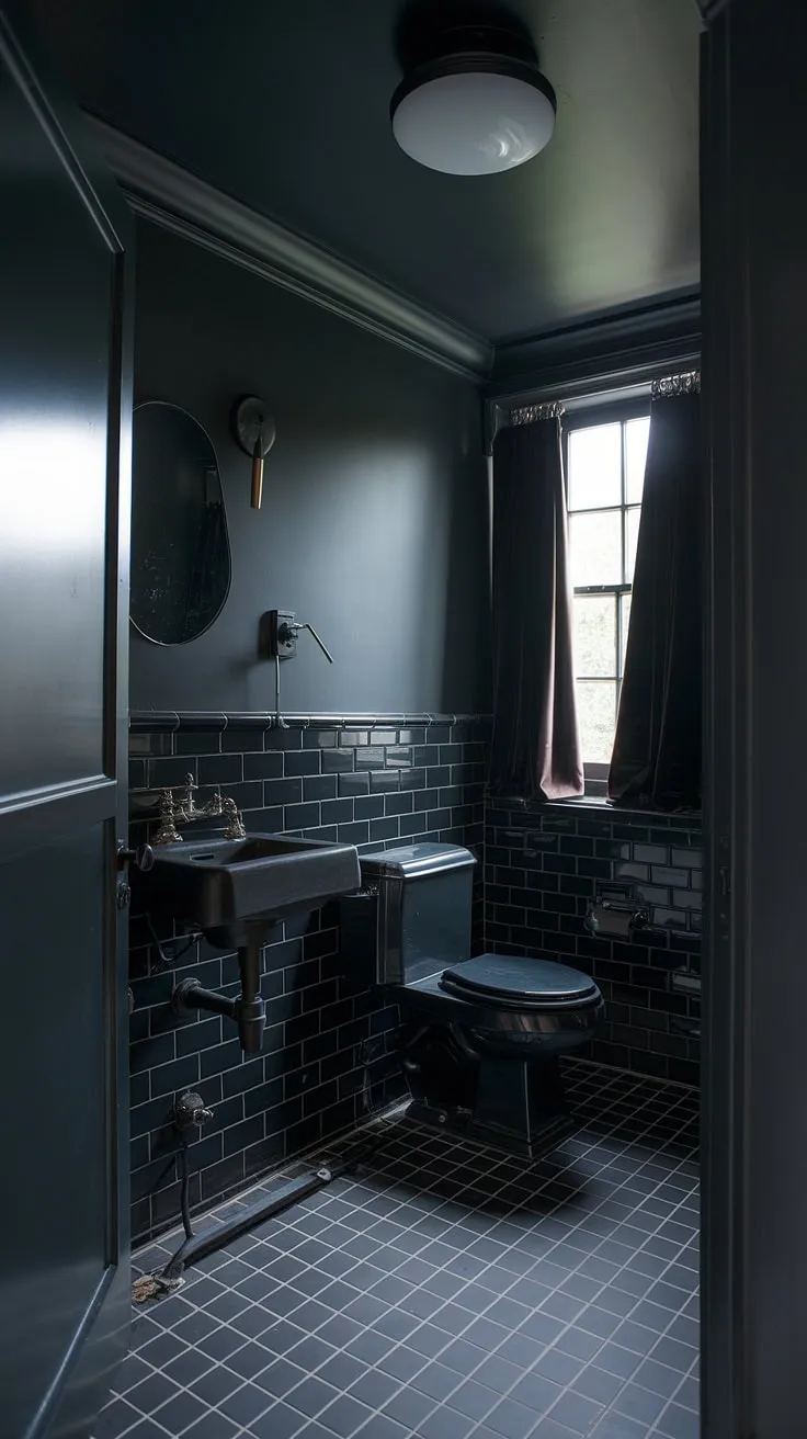 This moody bathroom features a dark powder room aesthetic with black fixtures, a small sink, and checkered tiles, perfect for a stylish bathroom remodel.