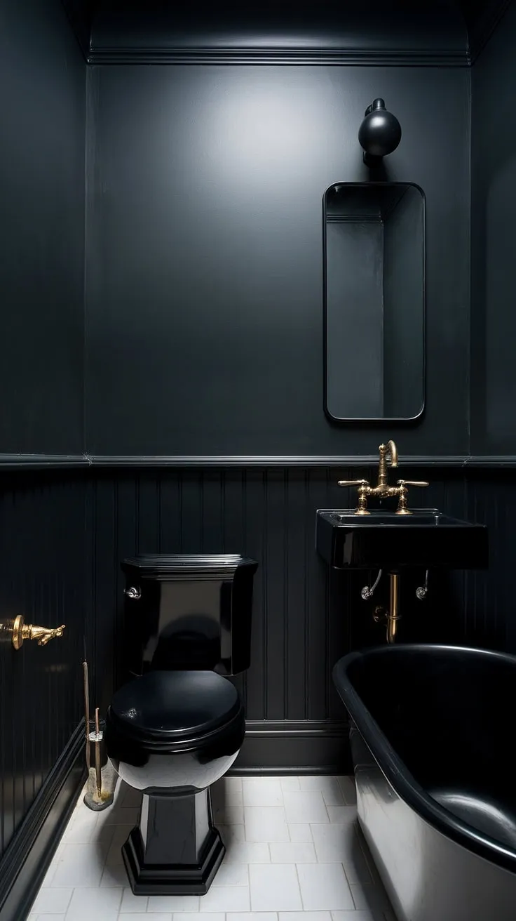 This moody bathroom showcases a dark powder room with a black toilet, sink, and bath, complemented by dark grey walls and a striking gold faucet, perfect for inspiring moody bathroom ideas.