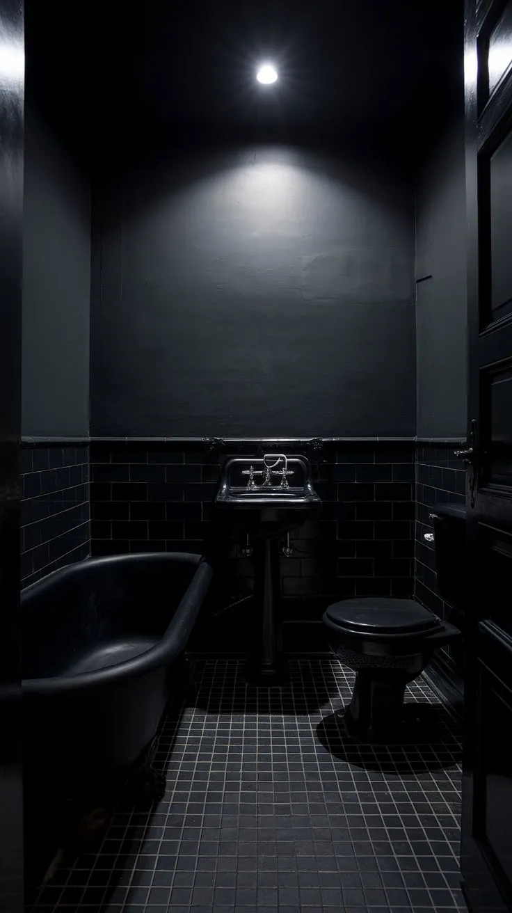 This moody bathroom features a vintage black bathtub, sink, and toilet against dark gray walls, creating a striking atmosphere in a tiny powder room with black and white checkered tiles.