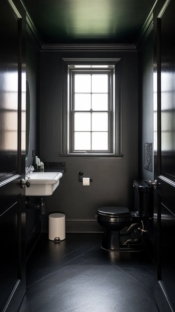 This moody bathroom features a dark powder room aesthetic with dark gray walls, a black toilet, and a striking black countertop, perfect for a stylish bathroom remodel.