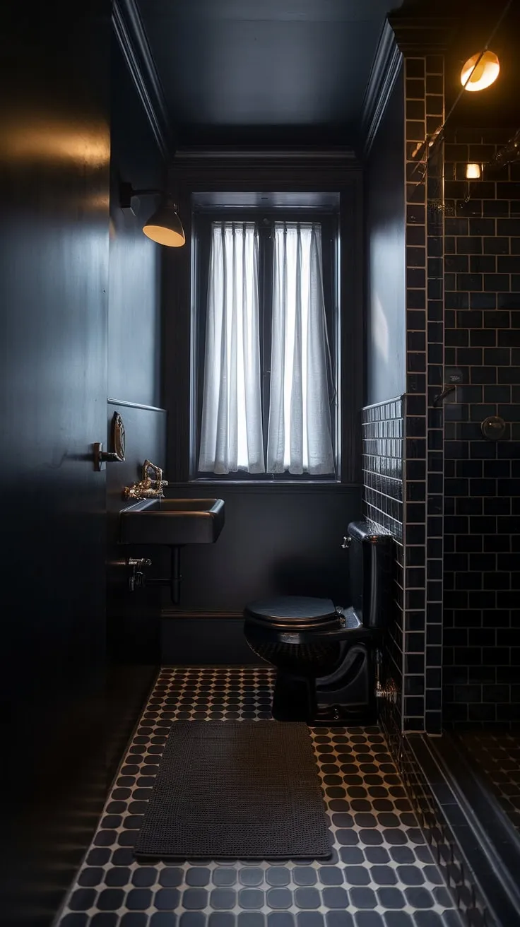 This moody bathroom features a striking black color scheme with checkered tiles and golden accents, creating an inviting atmosphere for a dark powder room or master bath remodel.
