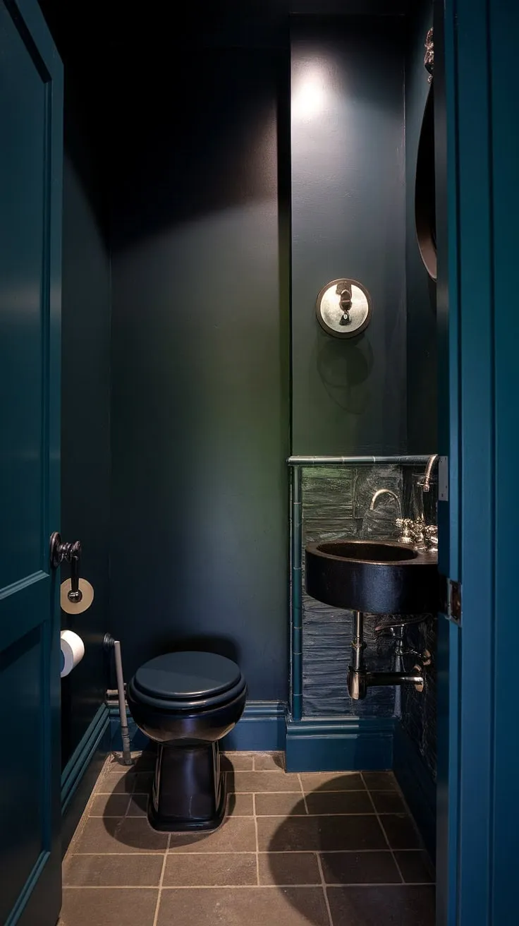 This moody powder bath features dark paint and soft lighting, creating an inviting atmosphere in a tiny black bathroom remodel.
