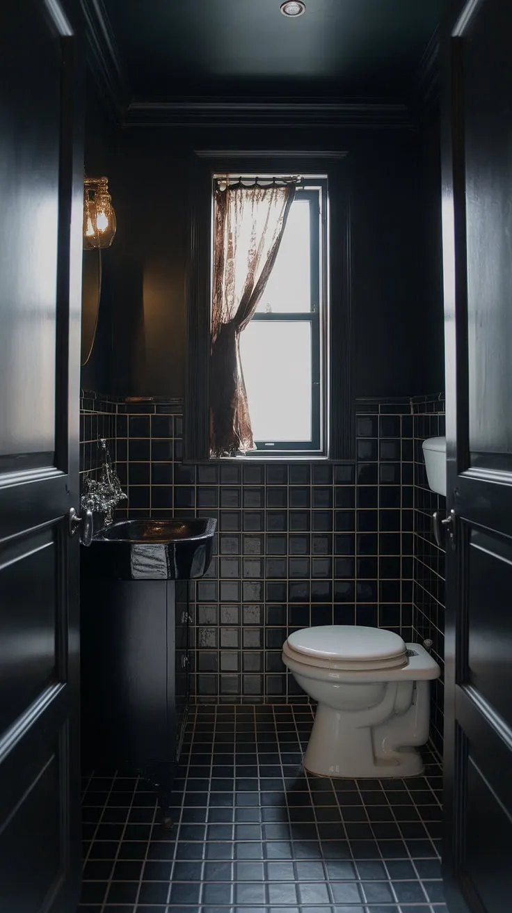 The dark powder room showcases a black cabinet and dim lighting, making it an ideal moody half bath for those seeking unique bathroom ideas.