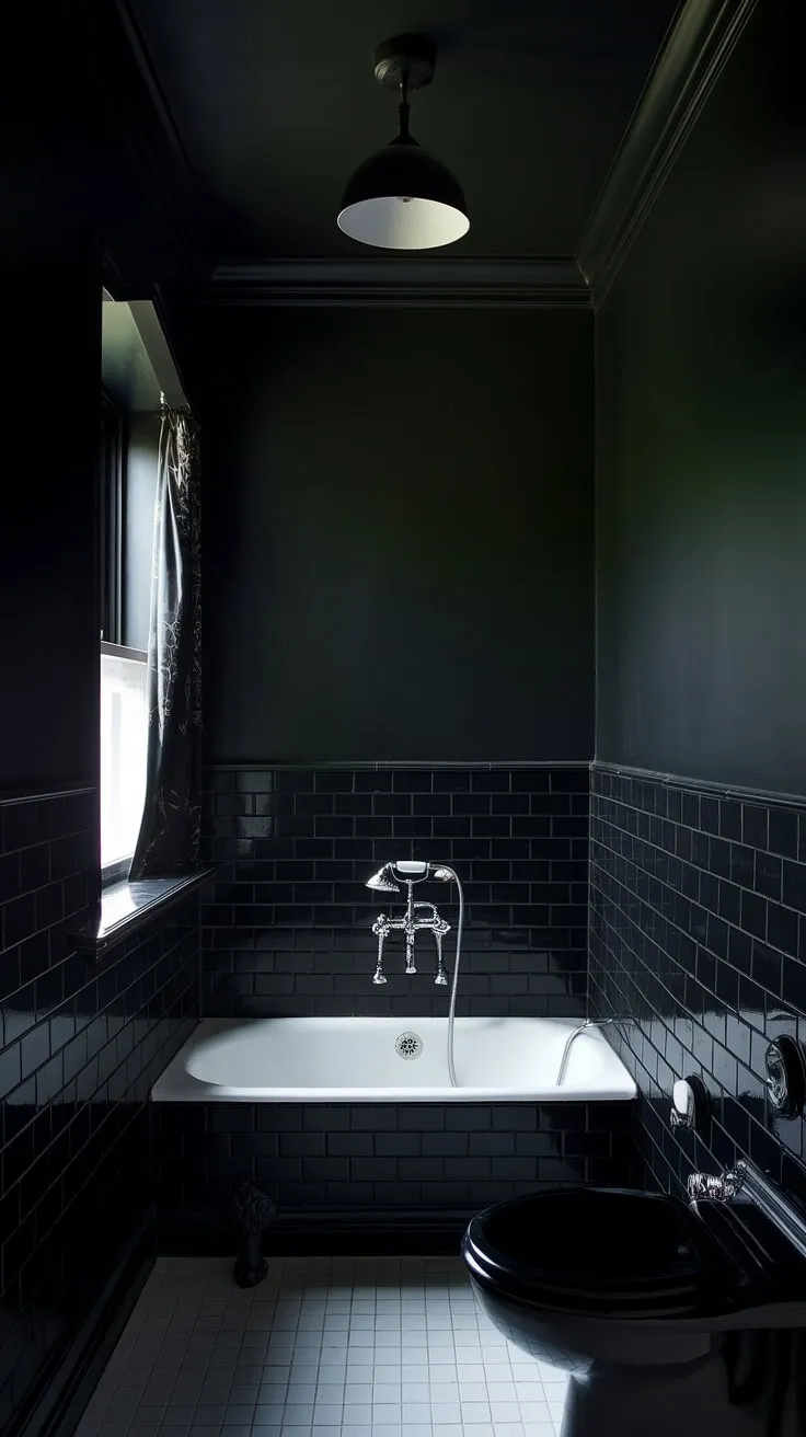 The dark tiny bathroom showcases a moody half bath design with black paint and white tiles, perfectly blending elegance and drama in a compact space.