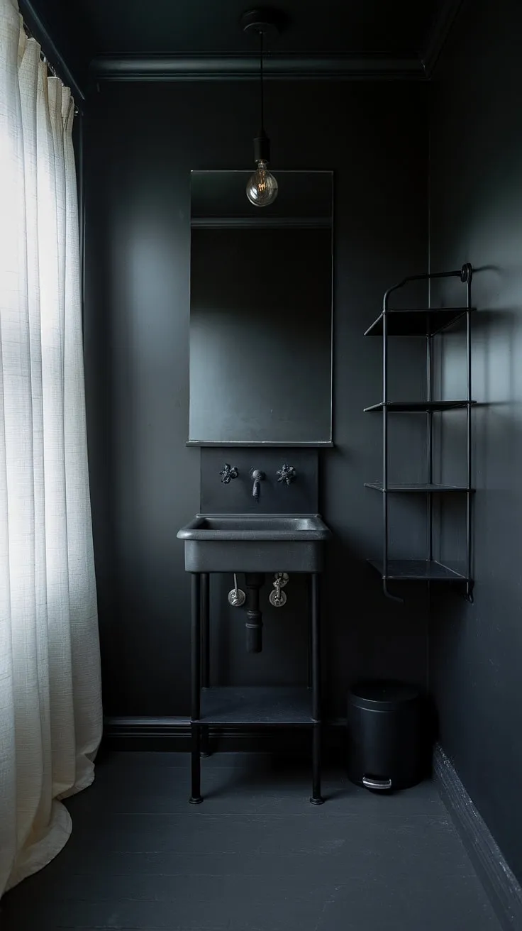This moody bathroom features a dark powder room aesthetic with black fixtures and dark gray walls, perfect for a stylish bathroom remodel.