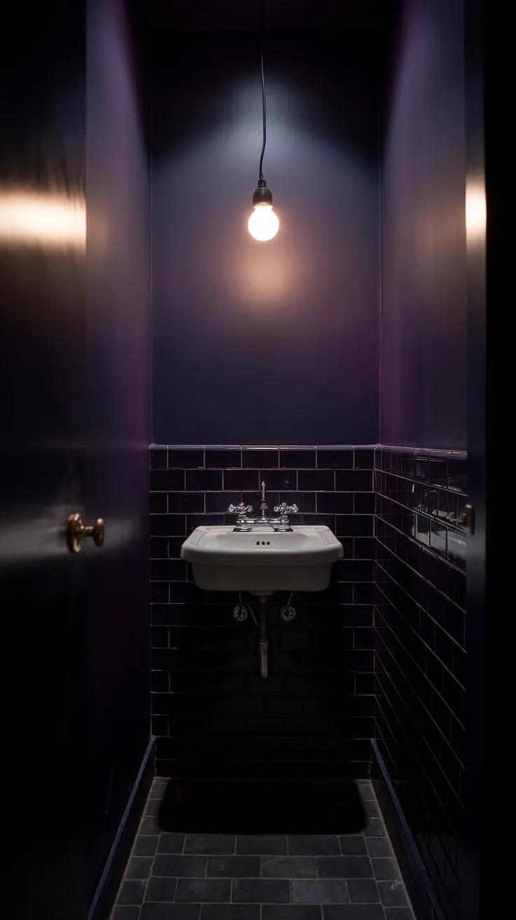 The dark powder room, with its deep hues and minimalist design, exemplifies moody bathroom ideas for a chic master bath or tiny half bath.