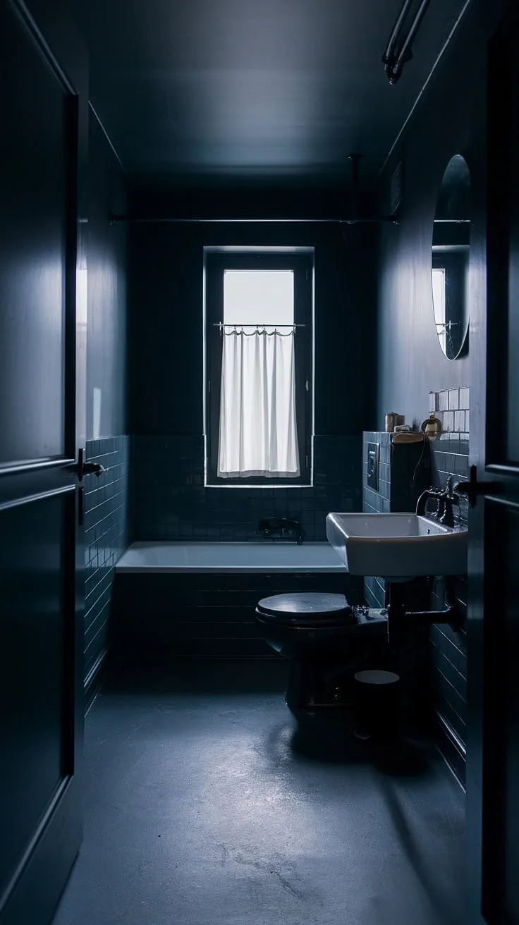 This moody bathroom features dark gray walls and floor, a white bathtub, and sleek black fixtures, making it an ideal inspiration for a stylish bathroom remodel.