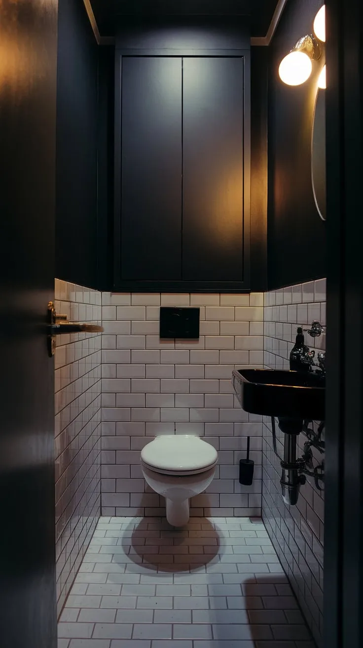 With its dark paint and cozy lighting, this tiny master bath showcases stunning moody bathroom ideas perfect for a chic powder bath.