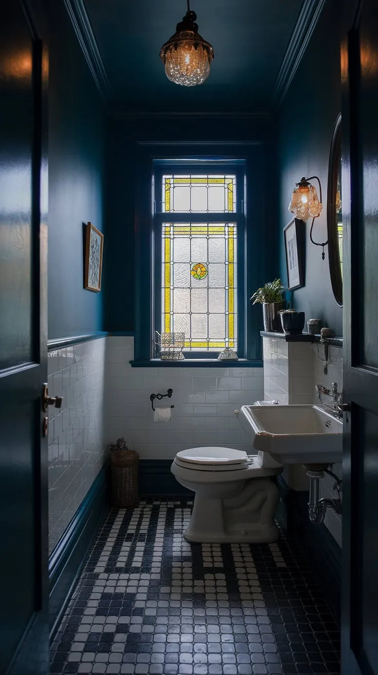 With its deep hues and vintage charm, this dark tiny bathroom showcases captivating moody bathroom ideas perfect for a master bath or moody powder bath.