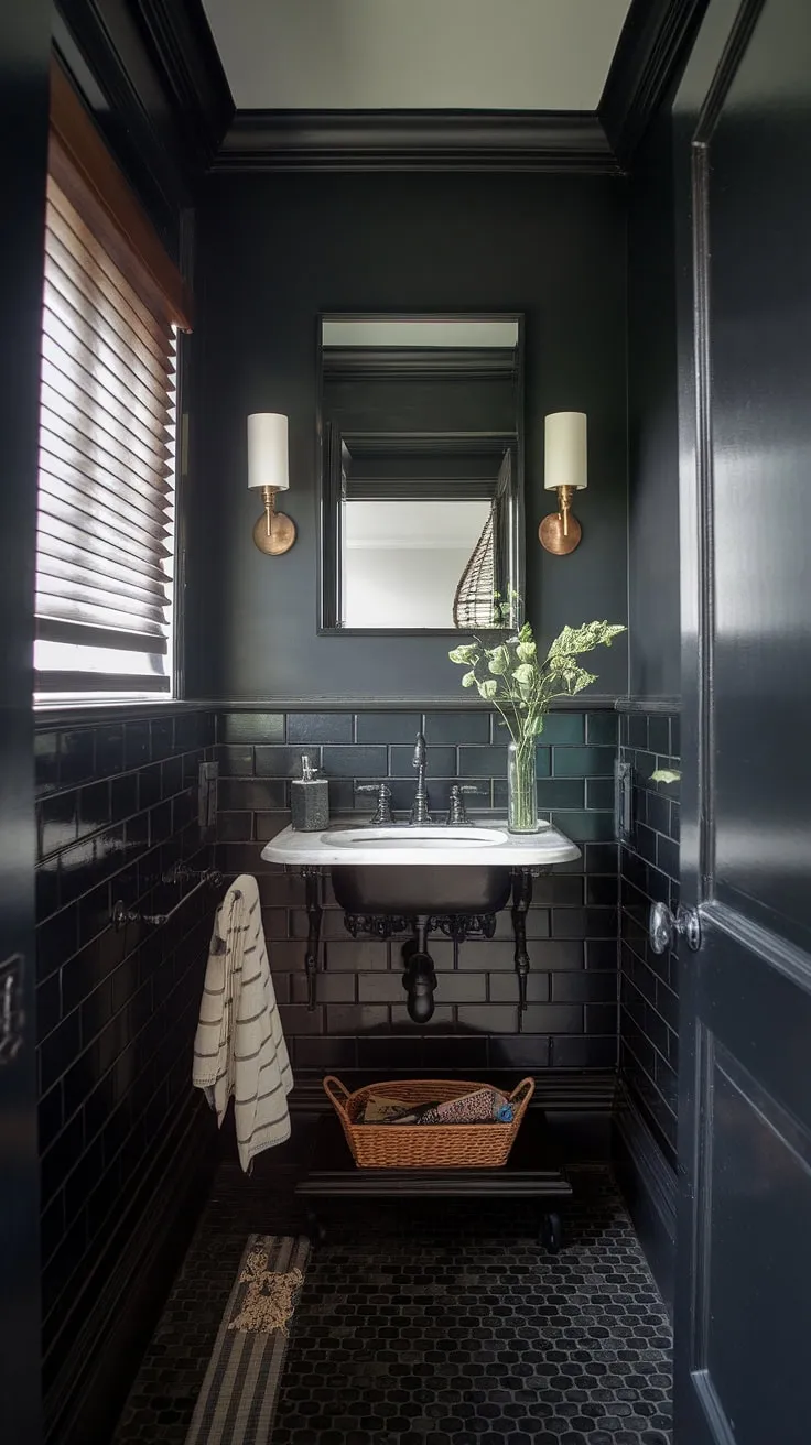 The dark paint in this tiny half bath enhances its moody atmosphere, making it a striking addition to any bathroom remodel.