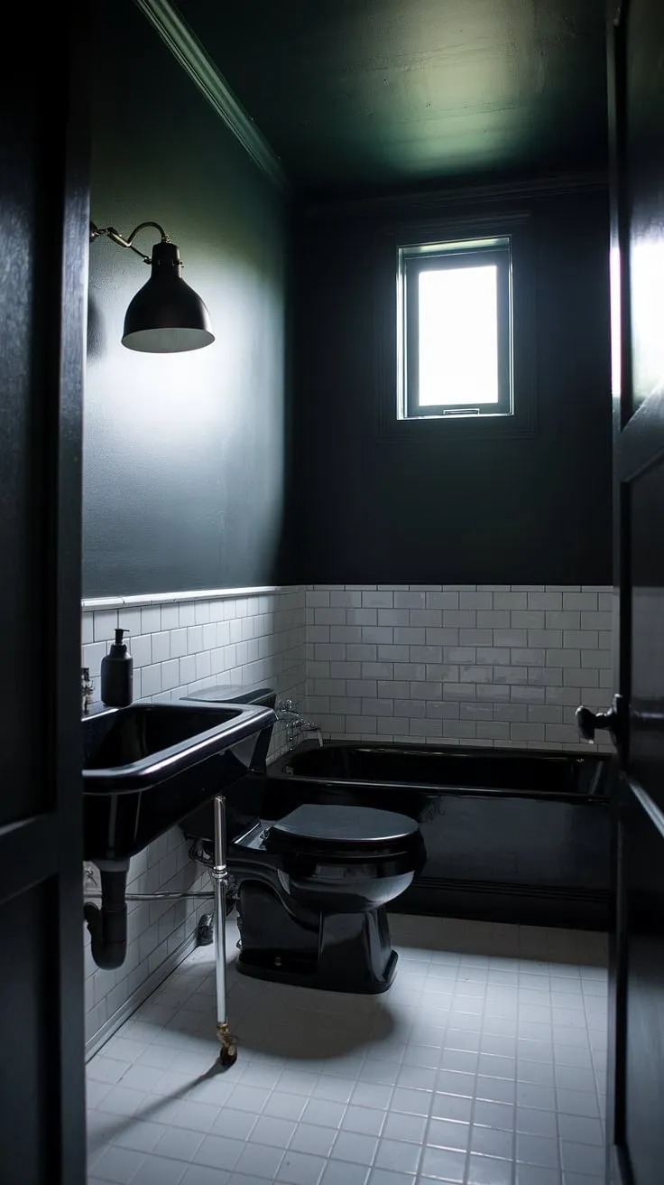 This moody bathroom features dark paint and black fixtures, creating a striking atmosphere in a tiny master bath remodel.