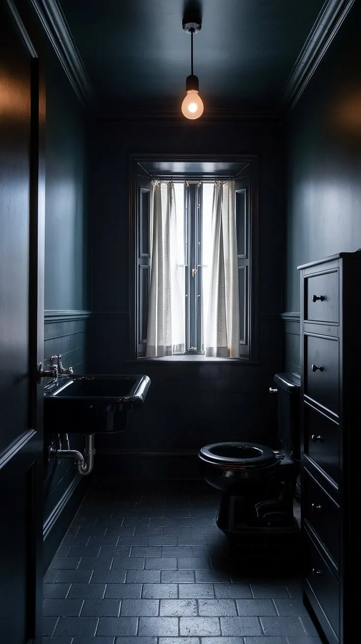 This moody bathroom features dark paint, a black sink, toilet, and cabinet, creating a striking atmosphere in a tiny master bath.