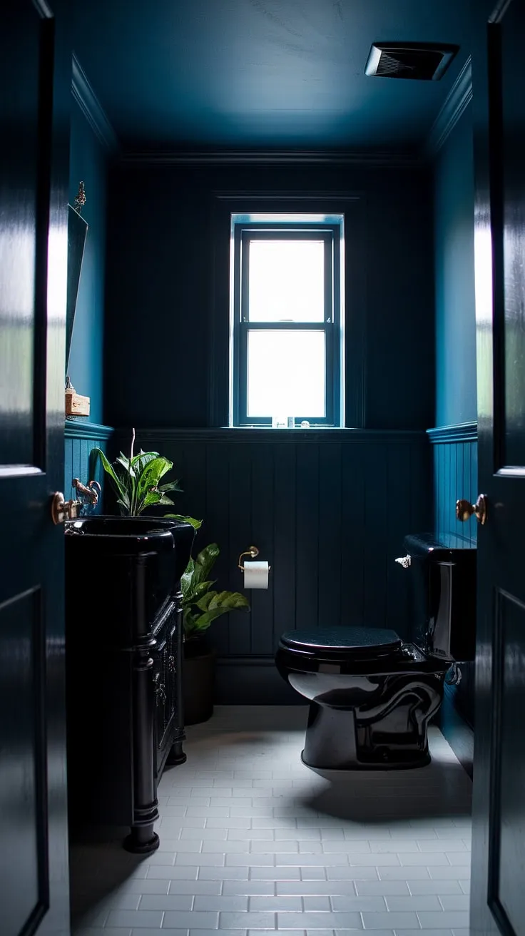 This moody bathroom features a dark powder room aesthetic with a black sink and cabinet, deep blue walls, and white tiles, creating a striking contrast in a tiny master bath.