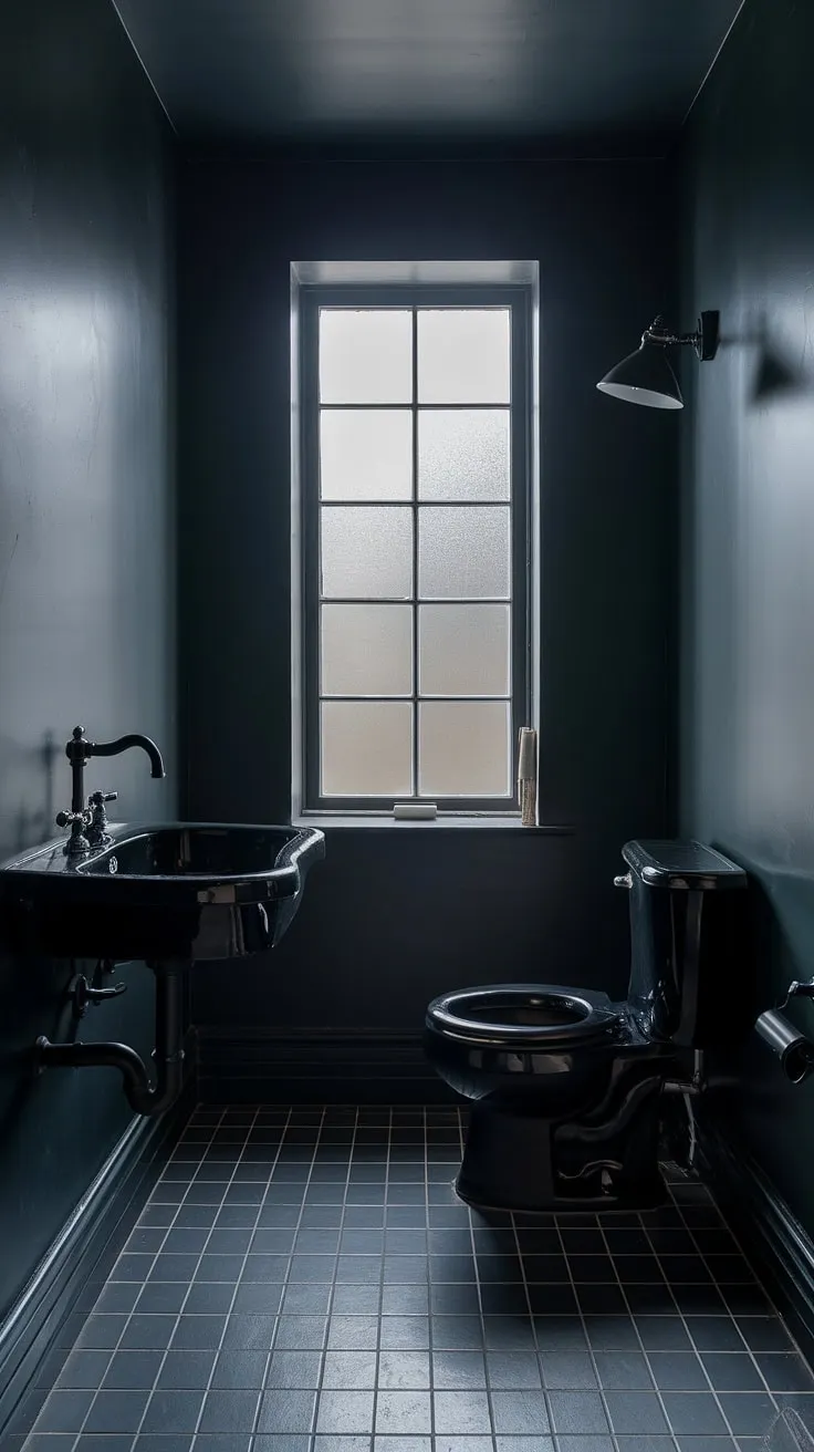 This moody bathroom features a dark powder room aesthetic with a black sink and toilet, complemented by dark grey walls and a frosted window that enhances the ambiance of this stylish bathroom remodel.