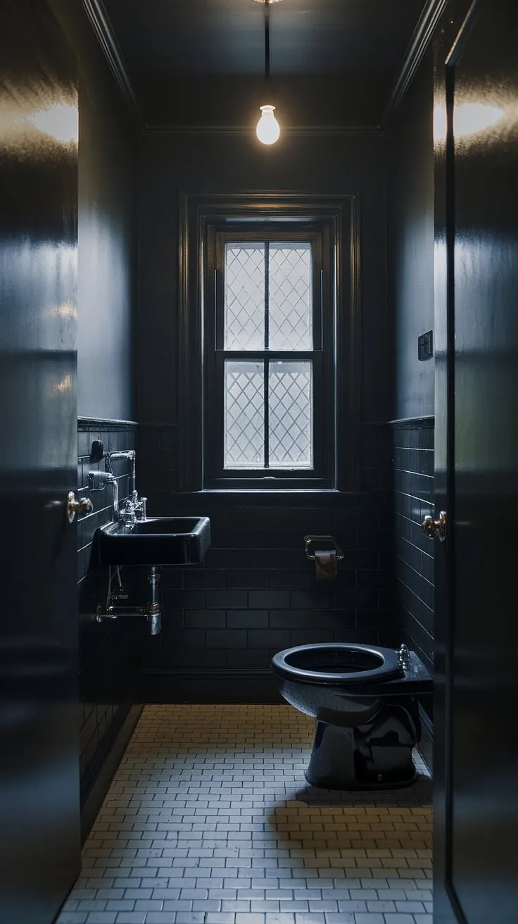 This moody bathroom features a dark powder room aesthetic with black walls and fixtures, creating a striking atmosphere in a tiny master bath.