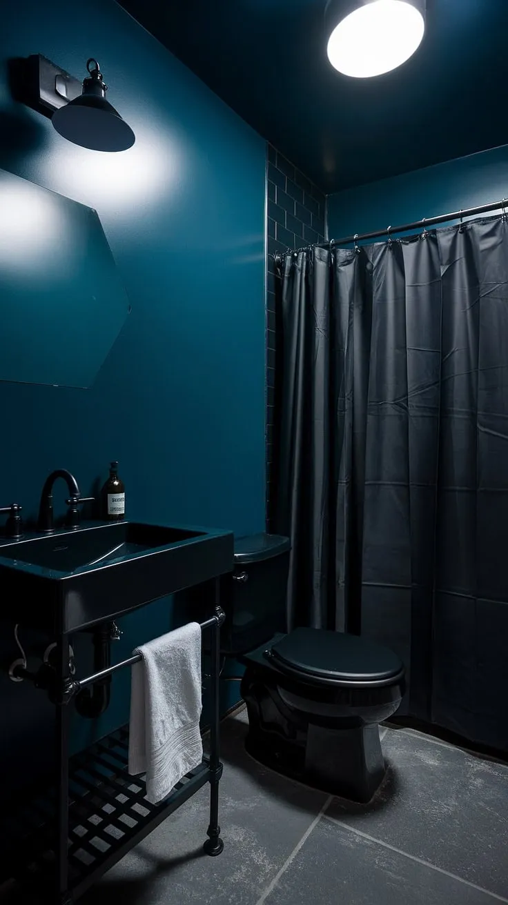 The dark tiny bathroom showcases a moody half bath design with black fixtures and deep blue walls, making it an ideal inspiration for a chic bathroom remodel.
