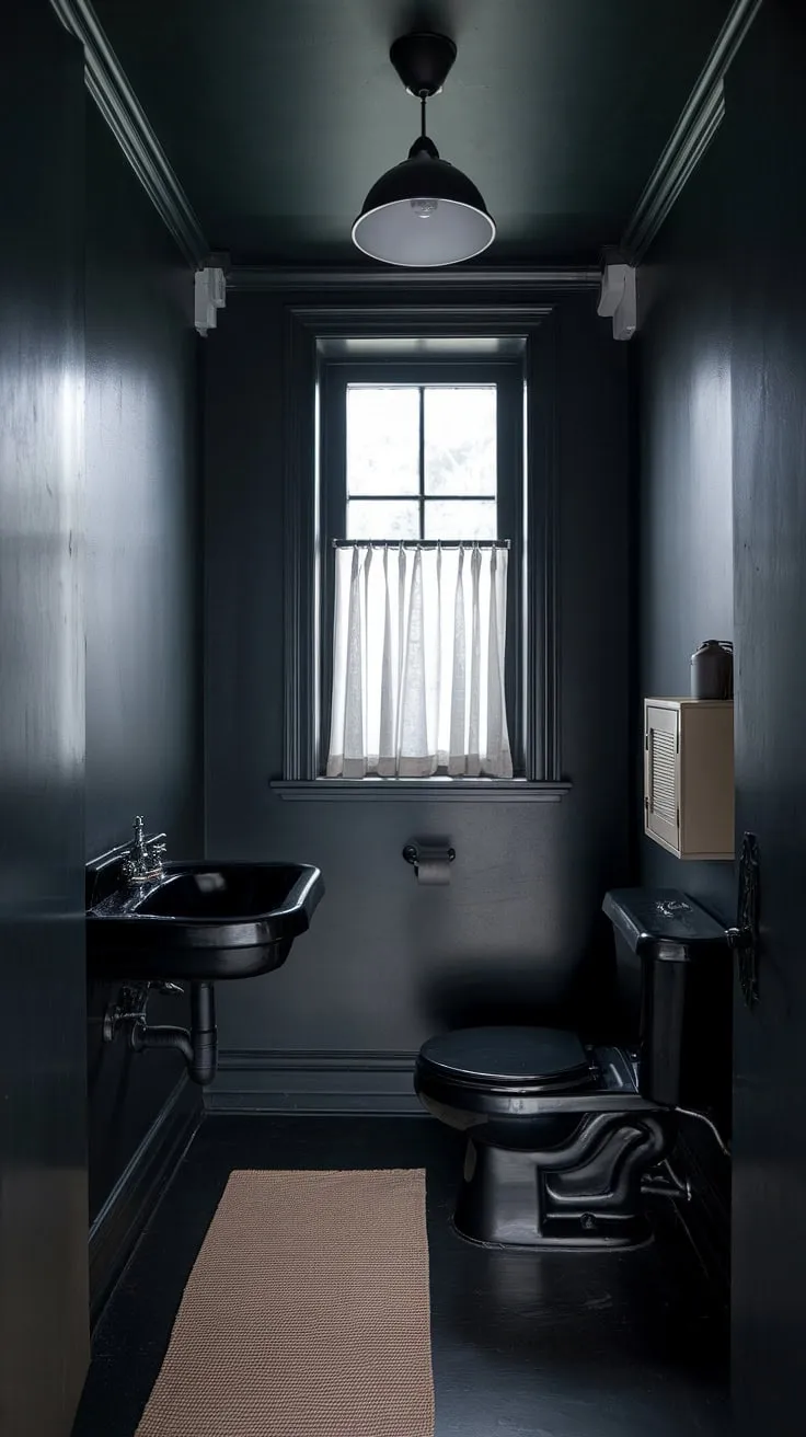 The dark tiny bathroom showcases a moody half bath design with a black light fixture and beige accents, creating an inviting yet dramatic atmosphere.