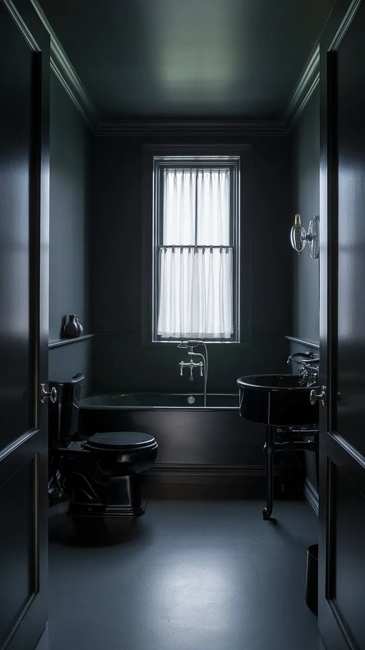 This moody bathroom features a dark powder room with black fixtures, a black bathtub, and dark grey walls, creating a stylish atmosphere perfect for a bathroom remodel.