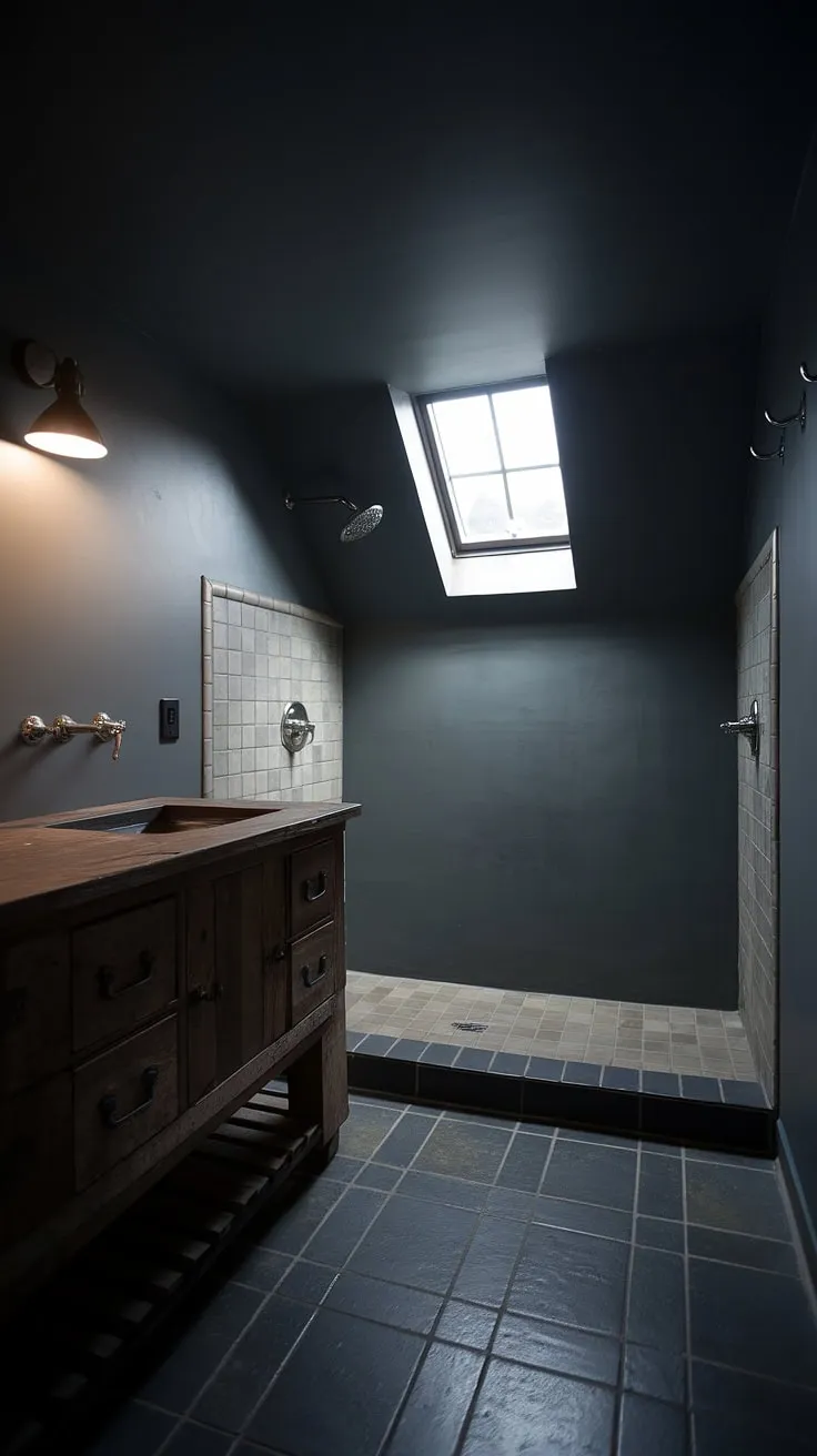 The dark tiny bathroom showcases a moody half bath design with a calming ambiance, highlighted by a small window and chic dark paint.