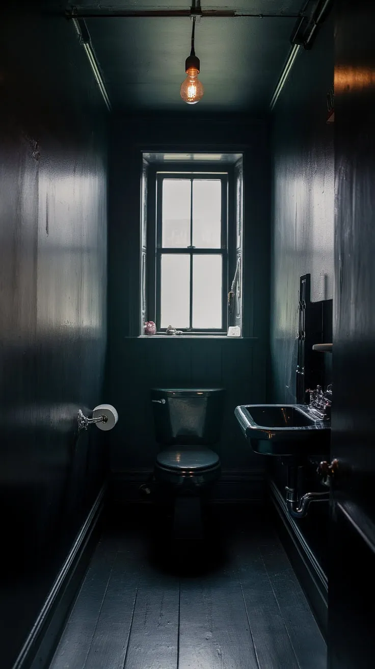 The dark powder room showcases a compact design with a black hue, making it an ideal moody bathroom idea for a master bath or tiny space.