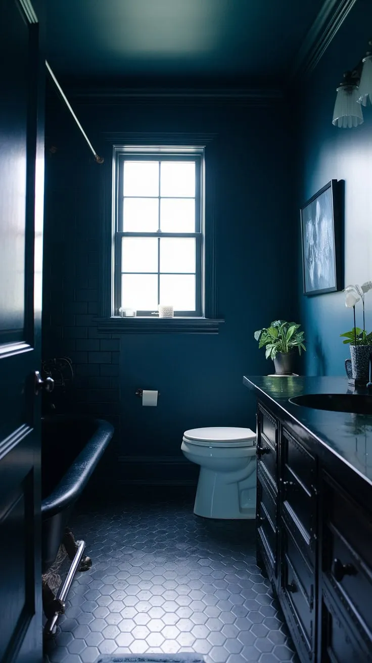 This moody bathroom features dark walls, a black bathtub, and a stylish vanity, creating an inviting atmosphere in a tiny master bath.