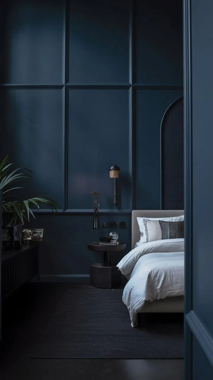 This moody blue bedroom embodies sophisticated simplicity, creating a tranquil sanctuary for peaceful slumber and quiet reflection.