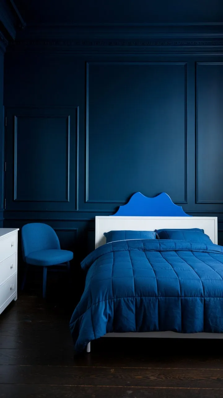 This moody blue sanctuary artfully combines subdued elegance and modern comfort, featuring deep walls, white accents, and rich wood floors for a serene retreat.