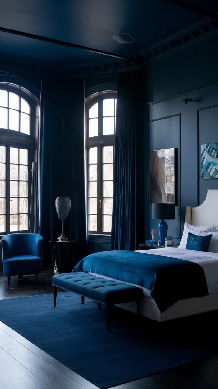 Experience a tranquil escape in this sophisticated blue sanctuary, where high ceilings and natural light harmonize comfort with contemporary elegance.