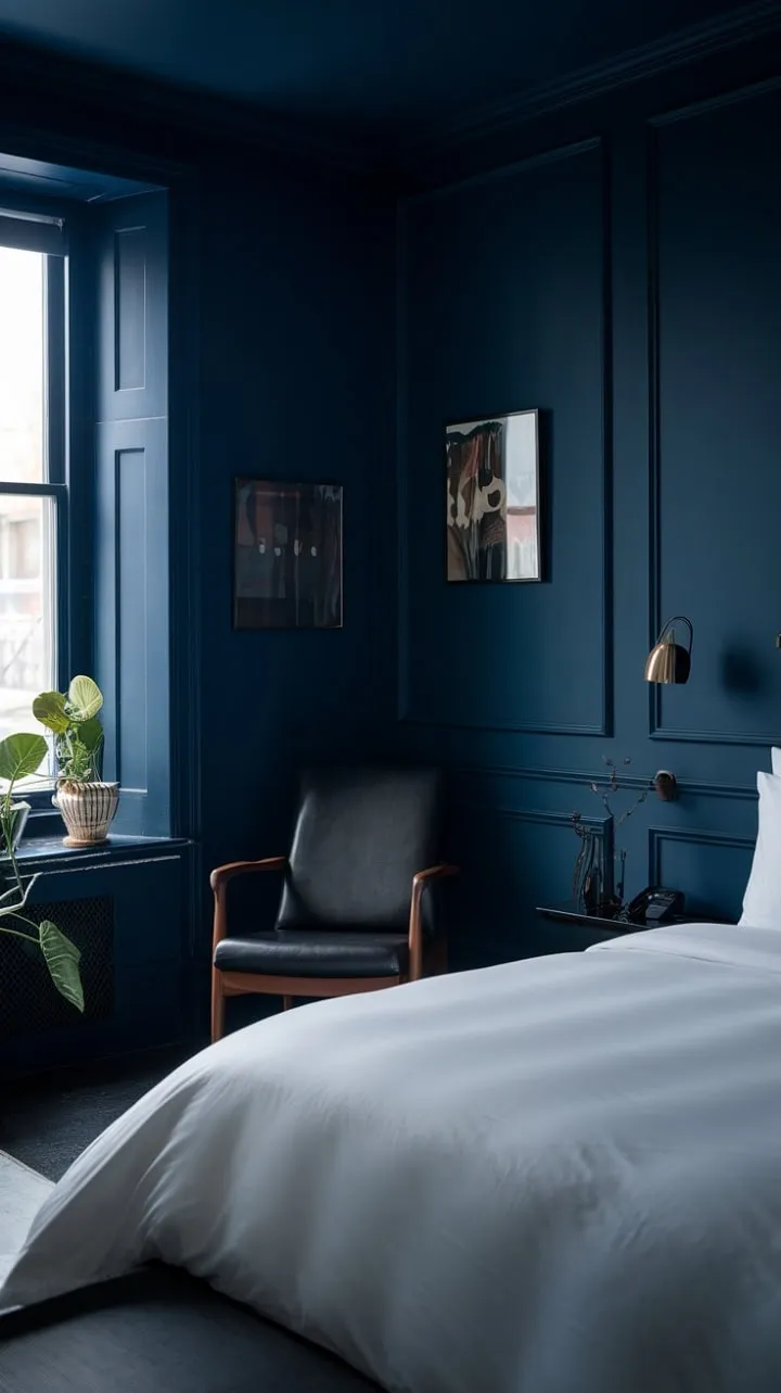 Step into a serene sanctuary where deep blue walls and minimalist decor harmonize with nature, inviting you to unwind and rejuvenate.