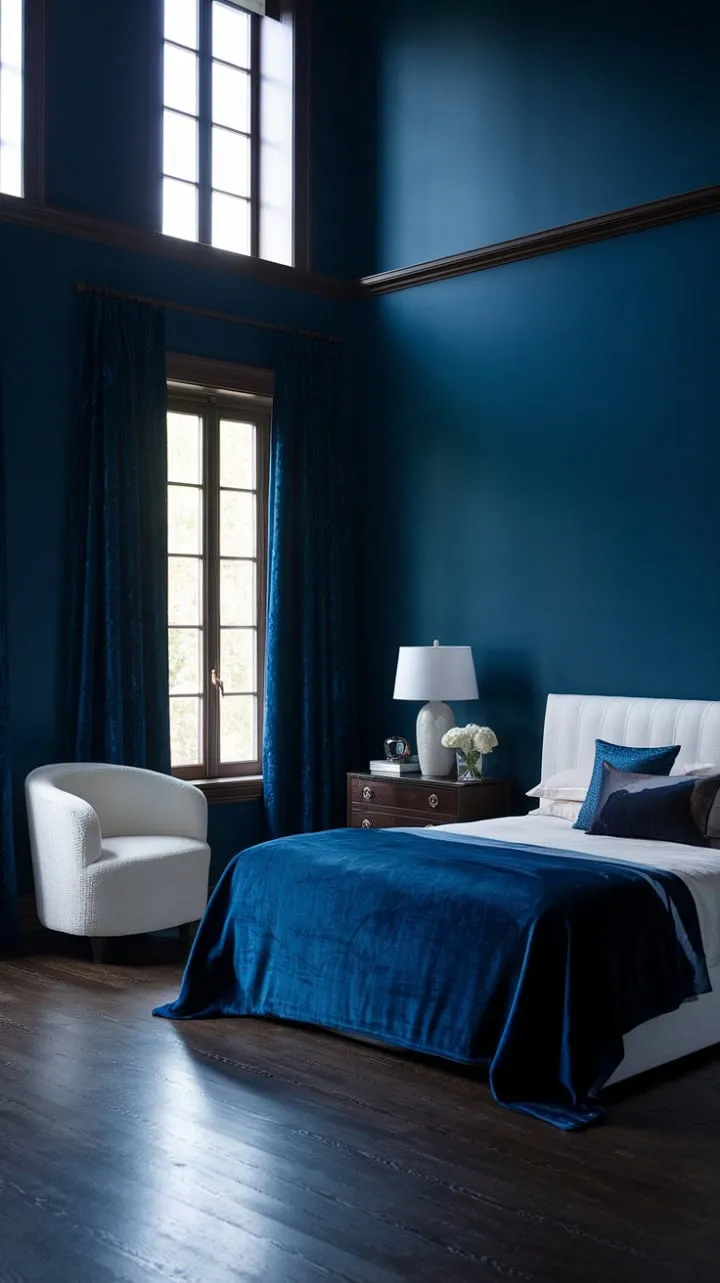 In this moody sanctuary, deep blue hues and natural light harmonize with dark wood and crisp white bedding, crafting a serene yet sophisticated retreat.