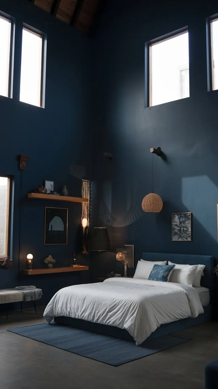 In this moody bedroom, deep blue hues and warm wood accents blend seamlessly to create a tranquil sanctuary for restful slumber.