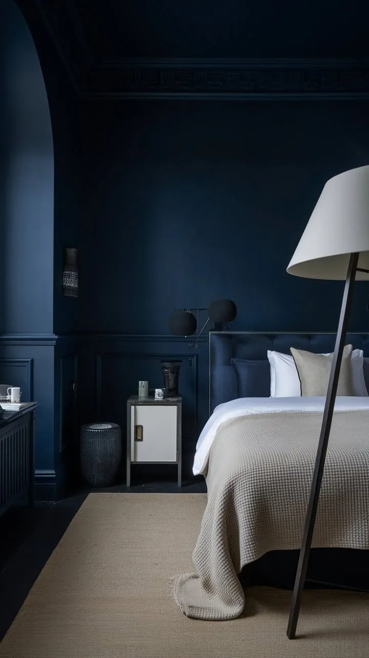 In this moody bedroom, deep navy walls and soft beige textures harmonize with minimalist white accents and subtle lighting to create a serene, hotel-like sanctuary of comfort and elegance.