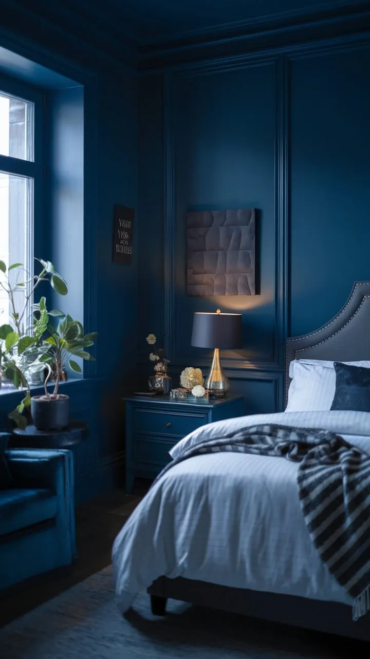 Experience peaceful slumber in a tranquil haven of deep blue and soft lighting, where minimalist elegance meets refreshing pops of green.