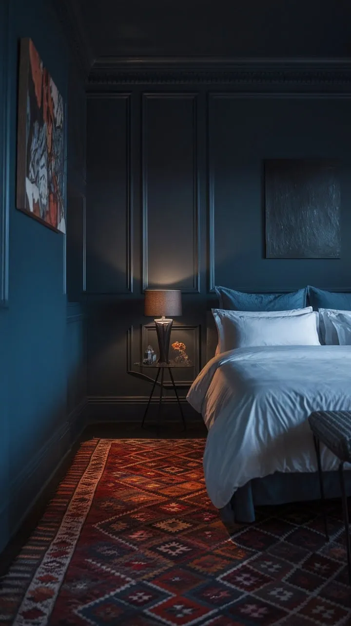 In a serene blue sanctuary, shadows waltz with crisp white bedding, crafting a harmonious retreat of comfort and elegance.