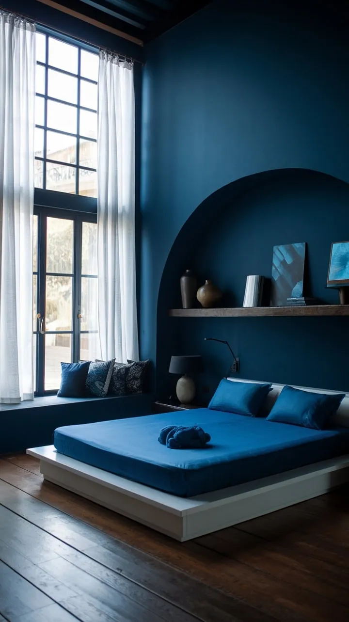 Experience blissful slumber in a tranquil haven of deep blues and soothing textures, where high ceilings and soft natural light create a serene escape of modern elegance.