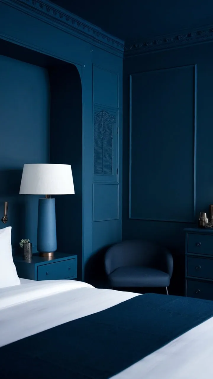 Immerse yourself in a serene blue sanctuary where minimalist design and deep hues invite you to unwind and embrace tranquility.