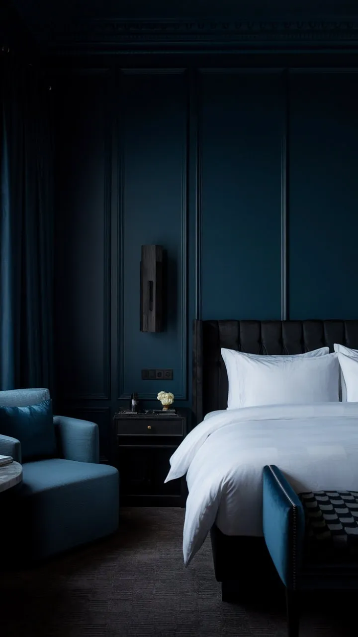 Escape to a tranquil blue sanctuary where deep walls and crisp white bedding harmonize for a sophisticated retreat of serene contemplation.