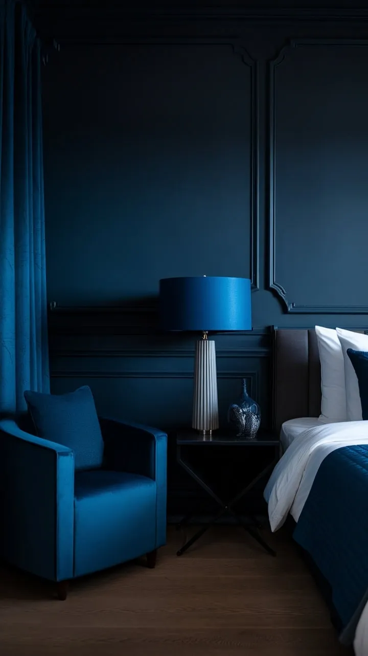 The moody blue bedroom, illuminated by a soft lamp, invites late-night musings in its captivating, mysterious embrace.