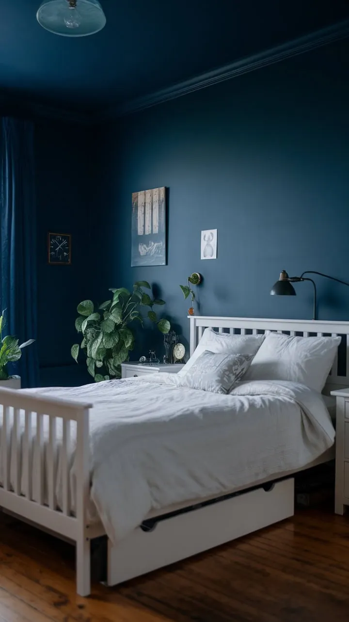 Nestled in a serene deep blue haven, this tranquil retreat combines crisp white bedding, minimalist decor, and gentle greenery for the ultimate unwinding experience.