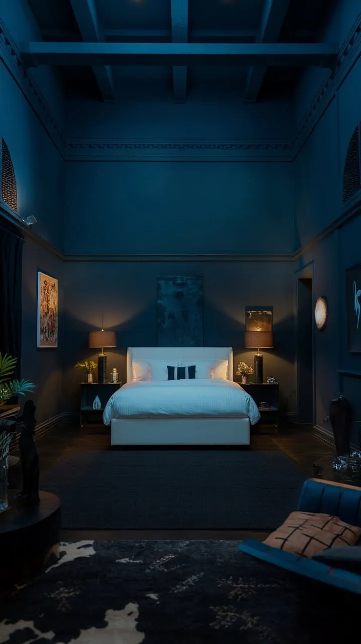In this serene blue sanctuary, the dance of light and shadow crafts a chic modern elegance, making it an ideal refuge for the soul.