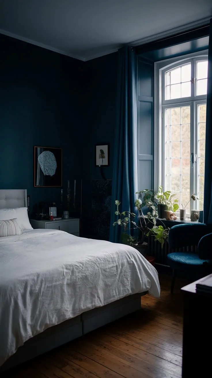 The moody blue bedroom showcases a white bed against dark walls, creating a modern dark interior design that exudes tranquility and sophistication.