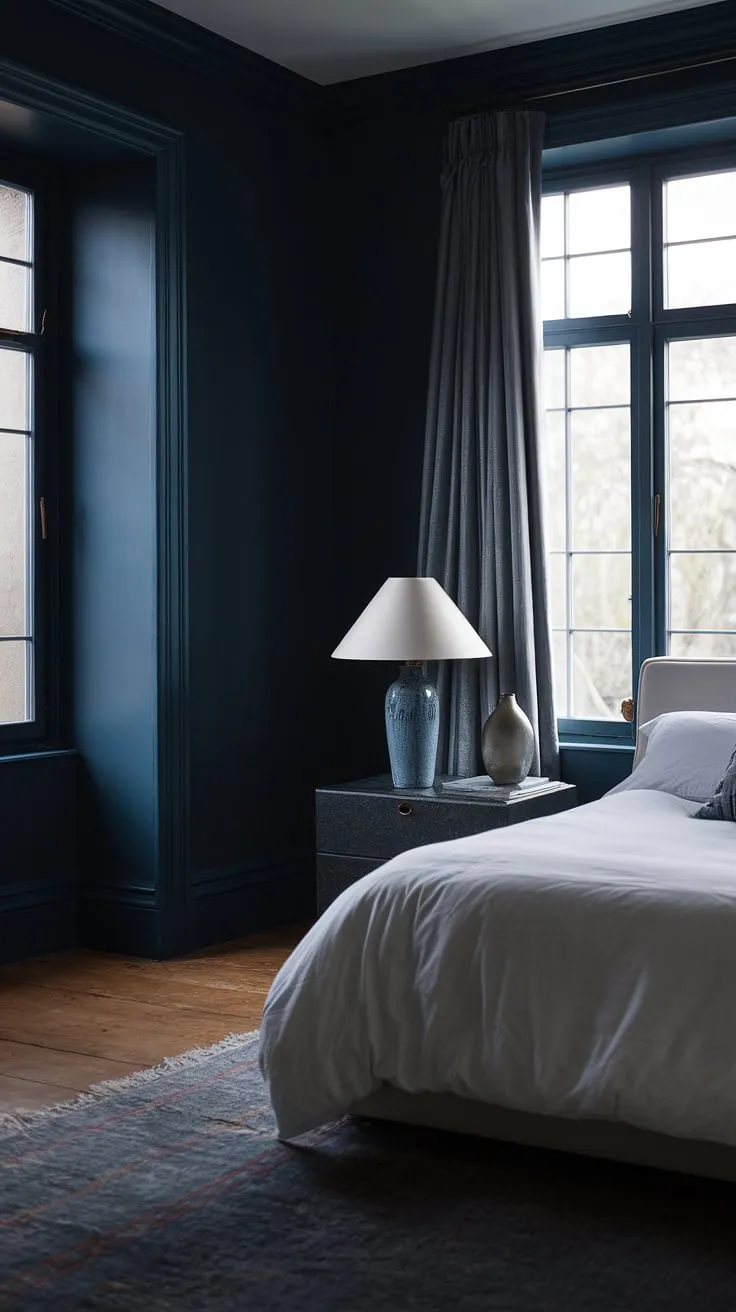 Transform your space with relaxing blue bedroom ideas featuring a moody blue bedroom aesthetic, where a white bed contrasts beautifully against dark walls in a modern dark interior design.