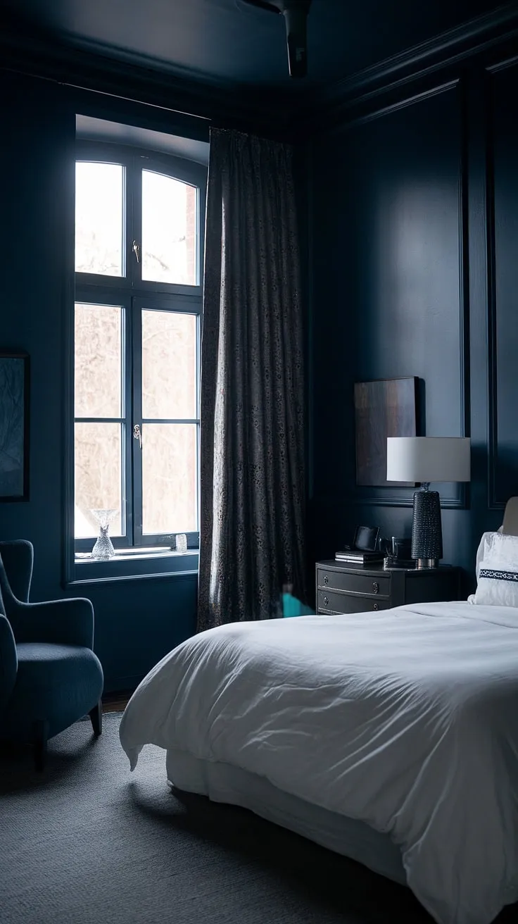 Transform your space with relaxing blue bedroom ideas featuring a moody blue bedroom aesthetic, where a white bed contrasts beautifully against dark walls in a modern dark interior design.