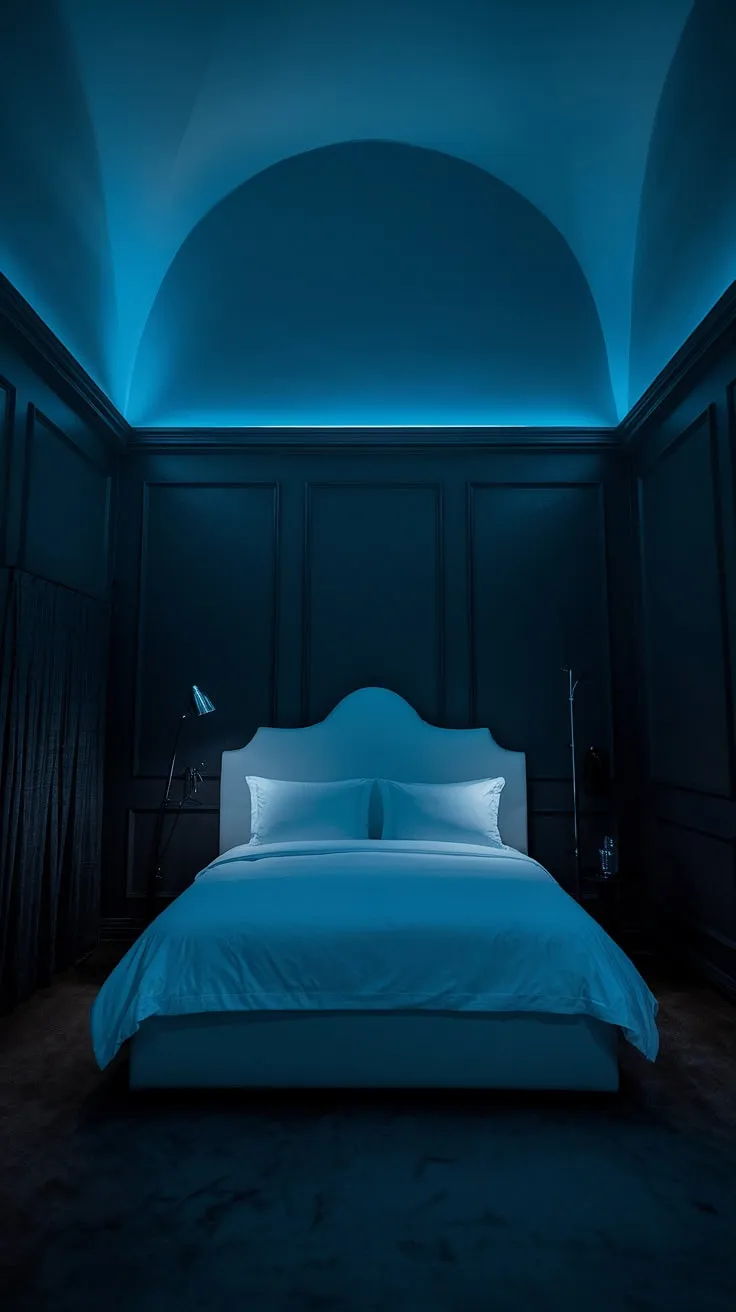 This modern dark interior bedroom design showcases a moody blue bedroom aesthetic with a white bed against dark walls, perfect for relaxing blue bedroom ideas.