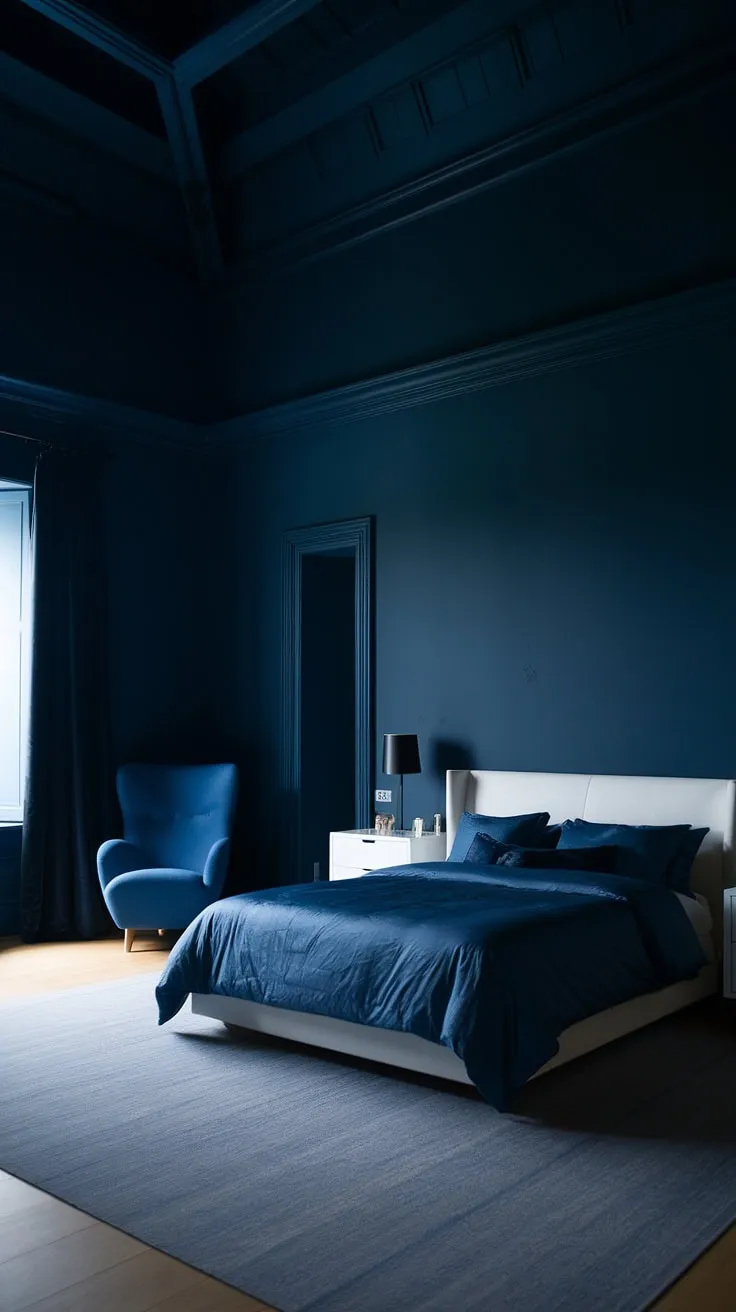 The high-ceilinged space showcases dark interior design with a blue comforter and minimalist decor, perfect for inspiring relaxing blue bedroom ideas.