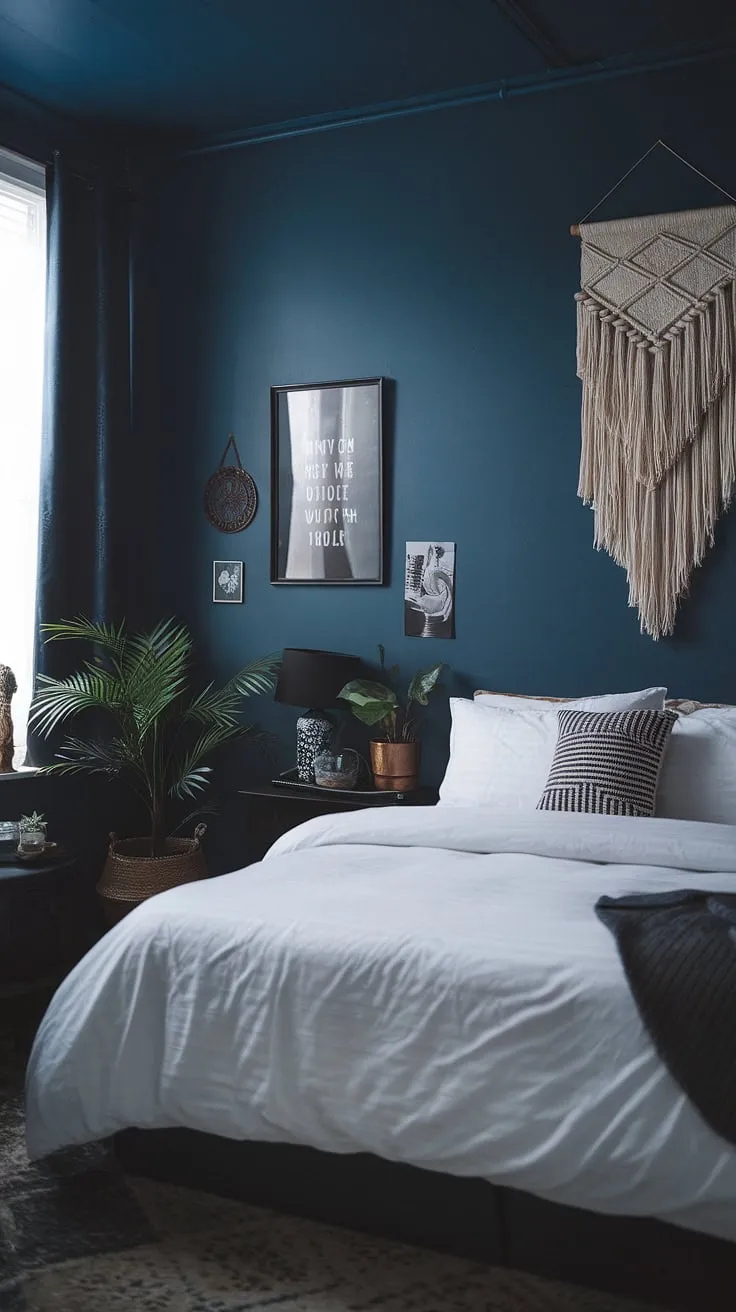 A moody blue bedroom featuring dark walls and a white bed showcases relaxing blue bedroom ideas with a modern dark interior design aesthetic.